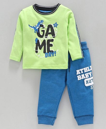 Babyoye Cotton Blend Full Sleeves Tee & Lounge Pant Game Day Print - Green Blue