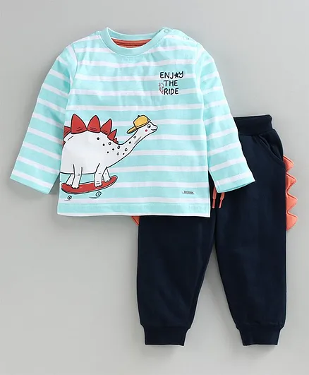 Babyoye Cotton Full Sleeves Stripe Tee & Lounge Pant Dino Print & Design - Blue