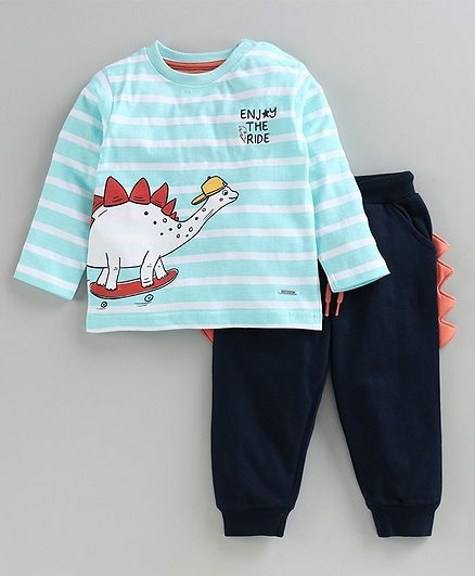Babyoye Cotton Full Sleeves Stripe Tee & Lounge Pant Dino Print & Design - Blue