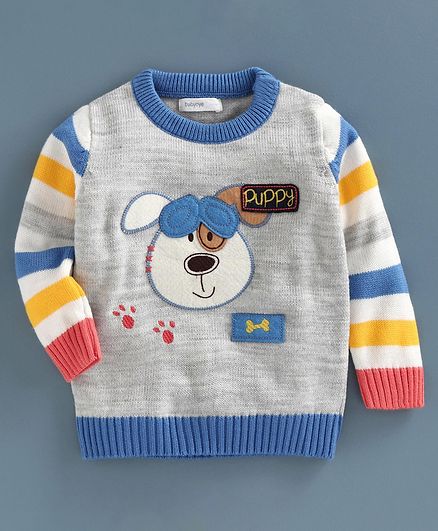 Babyoye Acrylic Full Sleeves Sweater Puppy Embroidery - Grey