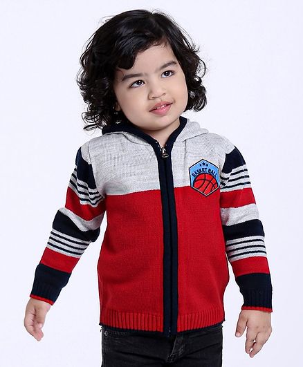 Babyoye Full Sleeves Hooded Zippered Sweater Striped Design - Maroon Grey
