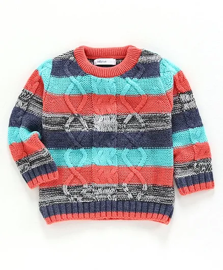 Babyoye Full Sleeves Striped Sweater - Red Blue