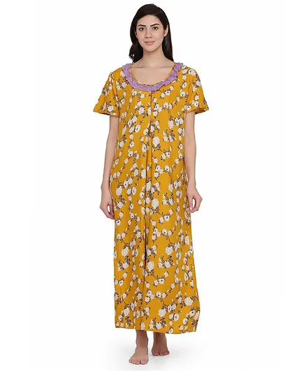 Clovia Half Sleeves Floral Print Maternity Nighty - Yellow