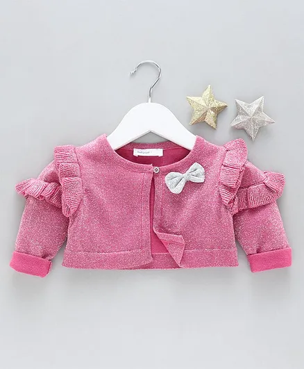 Babyoye Full Sleeves Woollen Shrug with Bow Applique - Pink