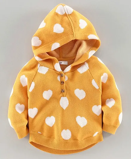 Babyoye Full Sleeves Hooded Sweater Heart Design - Yellow