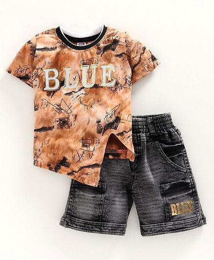 Nottie Planet Half Sleeves Blue Printed T-Shirt With Shorts - Light Brown