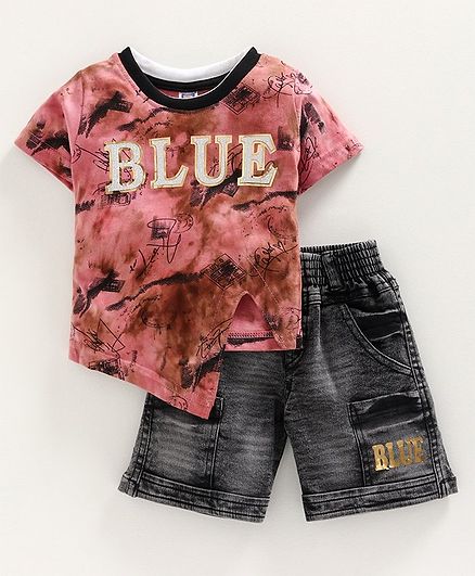 Nottie Planet Half Sleeves Blue Printed T-Shirt With Shorts - Pink