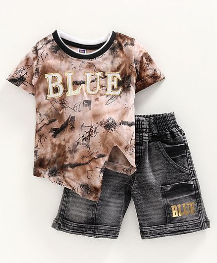 Nottie Planet Half Sleeves Blue Printed T-Shirt With Shorts - Dark Brown