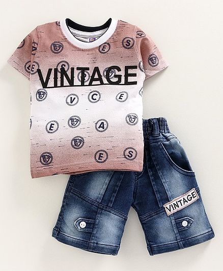 Nottie Planet Half Sleeves Vintage Printed T-Shirt With Denim Shorts - Brown