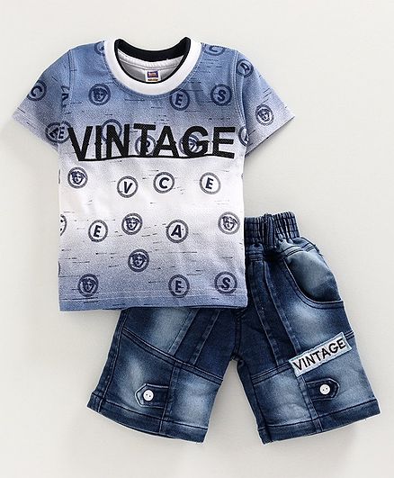 Nottie Planet Half Sleeves Vintage Printed T-Shirt With Denim Shorts - Blue