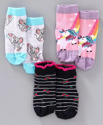 Mustang Ankle Length Socks Pack of 3 - Blue, Black & Pink