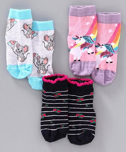 Mustang Ankle Length Socks Pack of 3 - Blue, Black & Pink