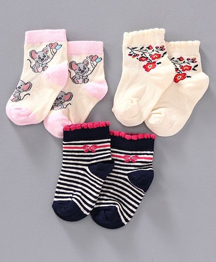 Mustang Ankle Length Socks Pack of 3 - Stripes, White & Pink