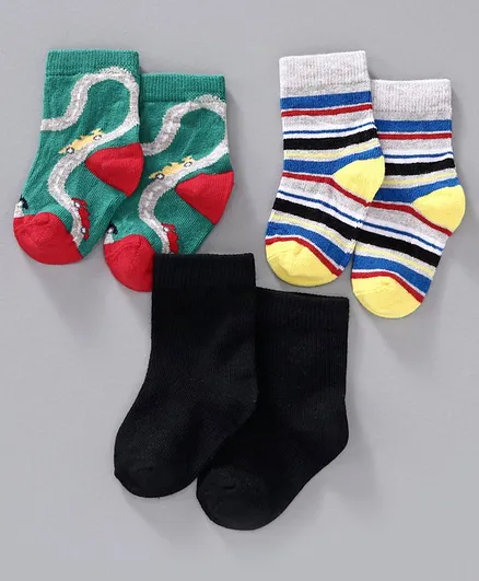 Mustang Ankle Length Socks Pack of 3 - Green, Black & Striped