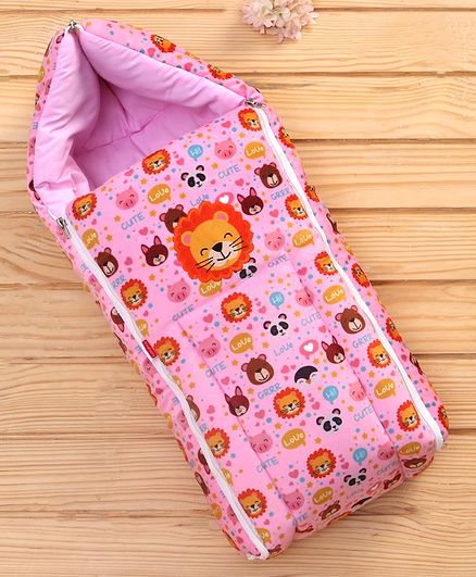 Babyhug Velvet Sleeping Bag Lion Print - Pink