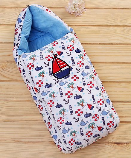 Babyhug Velvet Sleeping Bag Boat Print - Blue