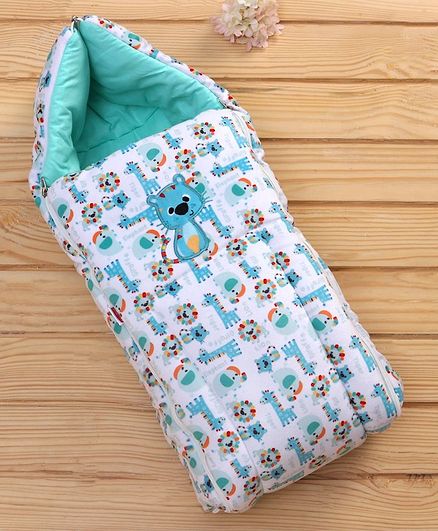 Babyhug Velvet Sleeping Bag Animal Design - White Green