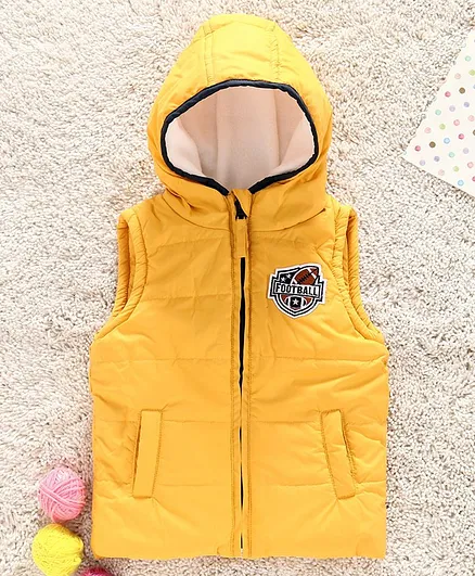 Babyhug Sleeveless Hooded Jacket Text Patch - Yellow