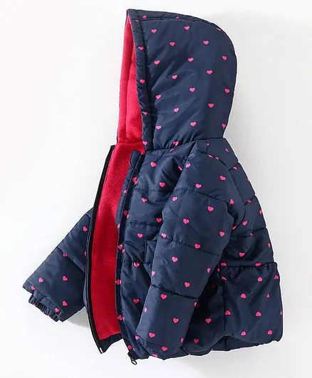 Babyhug Full Sleeves Hooded Jacket Heart Print - Navy Blue
