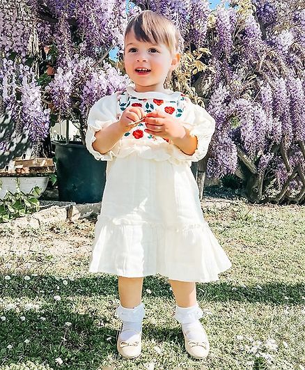 Cherry Crumble By Nitt Hyman Three Fourth Sleeves Flower Embroidery Detailing Dress - Off White