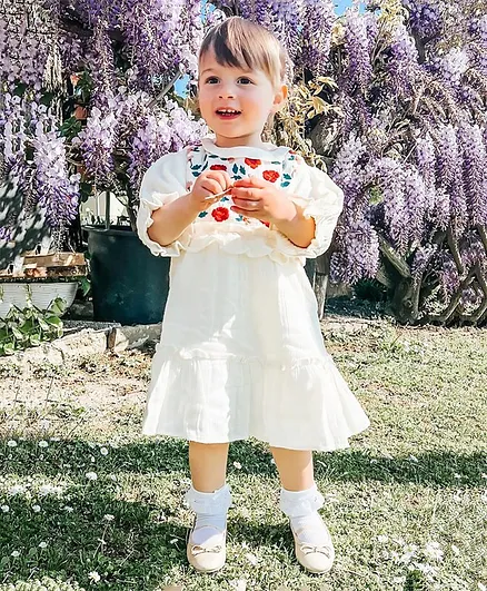 Cherry Crumble By Nitt Hyman Three Fourth Sleeves Flower Embroidery Detailing Dress - Off White