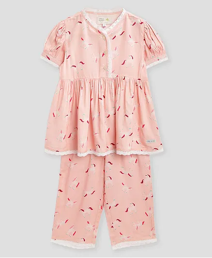 Cherry Crumble By Nitt Hyman Half Sleeves All Over Unicorn Printed Night Suit - Light Pink