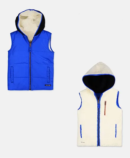 Cherry Crumble By Nitt Hyman Full Sleeves Solid Colour Hooded Reversible Jacket - Blue & Off White