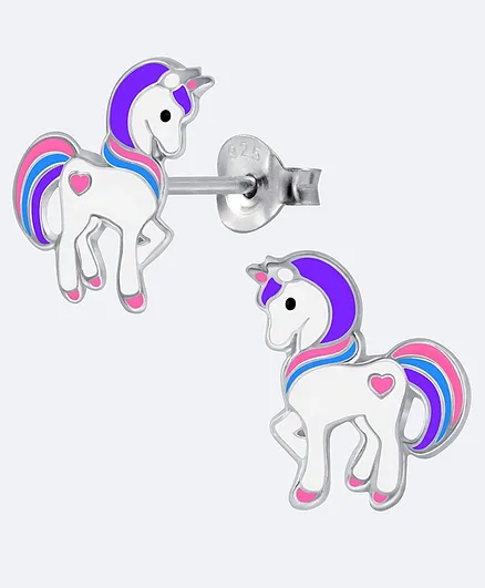 Aww So Cute Unicorn Design Sterling Silver Studded Earrings - Multicolor
