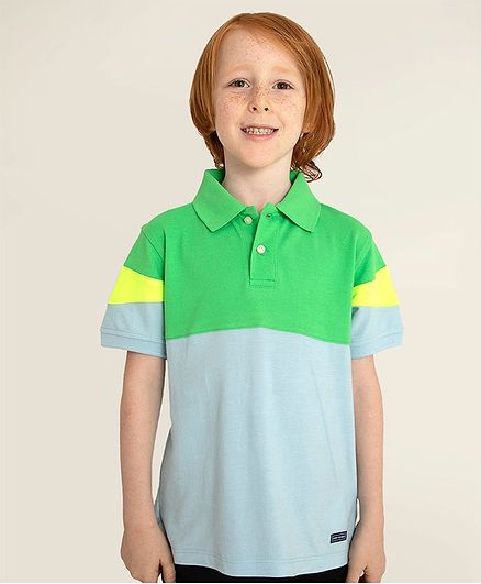 Cherry Crumble By Nitt Hyman Half Sleeves Colour Block Pattern Tee - Green & Light Blue