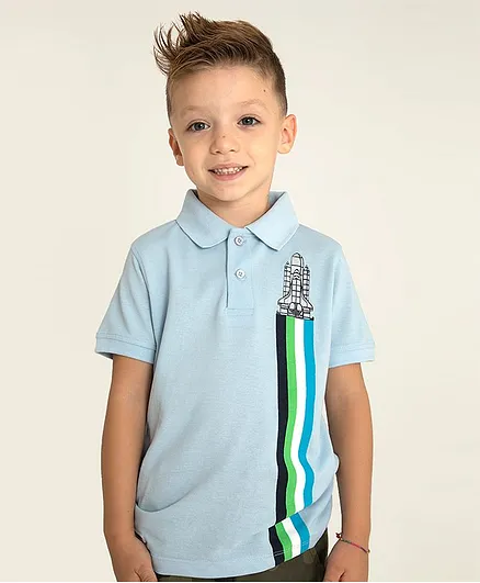 Cherry Crumble By Nitt Hyman Half Sleeves Rocket Print Polo T-Shirt - Sky Blue