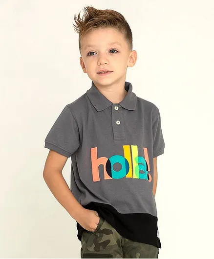 Cherry Crumble By Nitt Hyman Half Sleeves Holla Patch Polo T-Shirt - Grey & Black