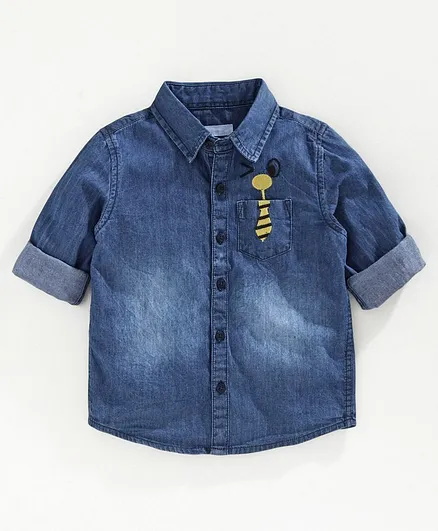 Babyoye Full Sleeves Denim Shirt Tie Embroidery - Blue