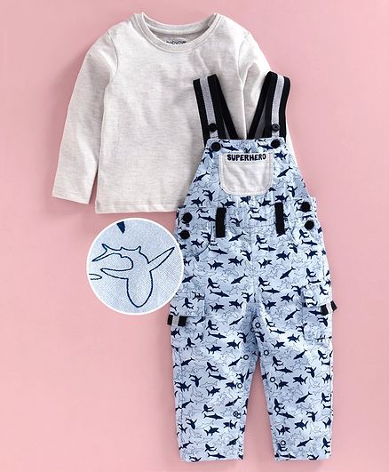 Babyoye Cotton Dungaree With Top and Shark Print - Grey Blue