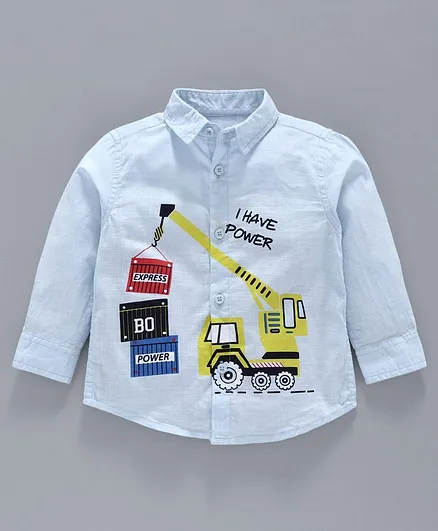 Babyoye Full Sleeves Cotton Shirt Crane Print - Light Blue