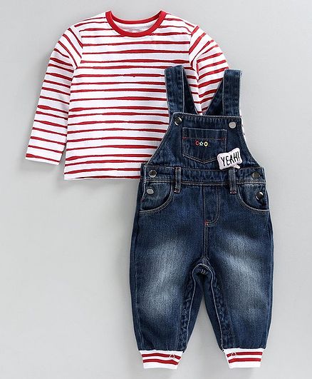 Babyoye Cotton Rib Denim Dungaree style Romper with Full Sleeves Striped Inner Tee - Blue