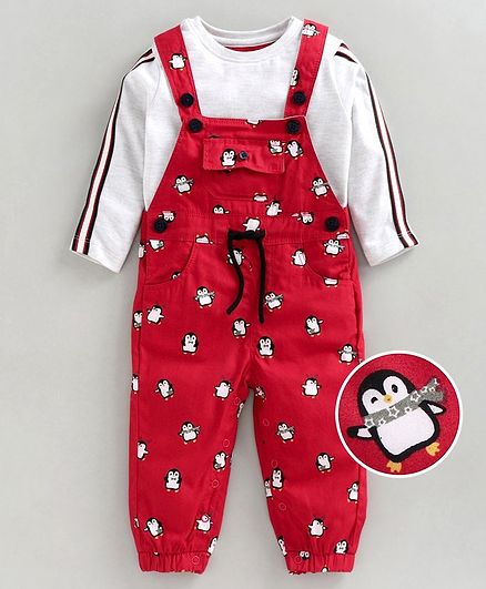 Babyoye Dungaree with Full Sleeves Inner Tee Penguin Print - Red