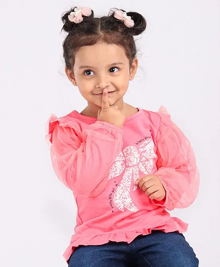Babyoye 95% Cotton 5% Lycra Peasant Full Sleeves Top Bow Print - Pink