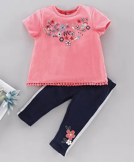Babyoye Half Sleeves Cotton & Lycra Top with Leggings Floral Embroidered - Pink Navy