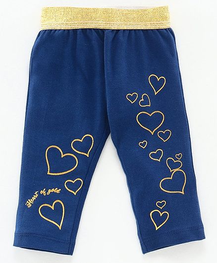 Babyoye Full Length Leggings Golden Heart Print - Navy Blue
