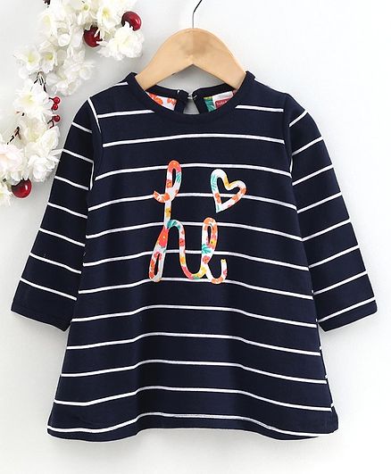 Babyhug Full Sleeves Winter Wear A Line Frock Hi Print - Navy Blue