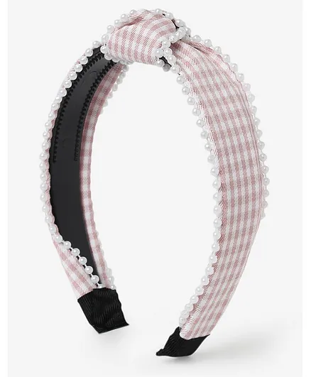 TMW Kids Pearl Trim Edge Checked Knotted Hair Band - Pink & White