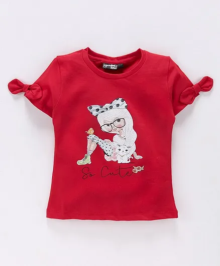 Actuel Half Sleeves Small Girl Printed Top - Red