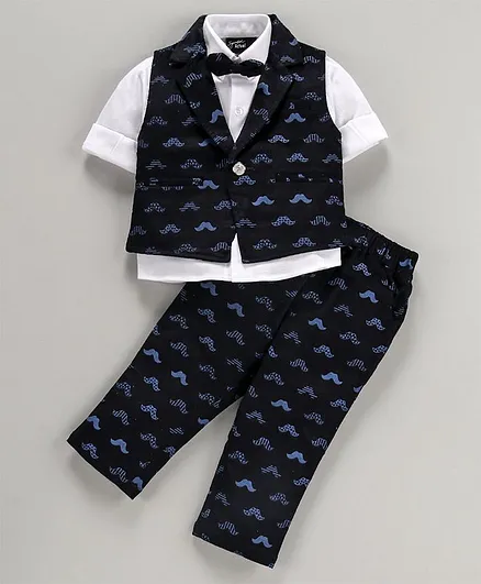 Actuel Full Sleeves Shirt With Mustache Print Waistcoat & Pants - Blue