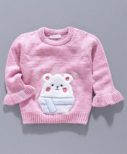 Babyoye Circular Flounce Sleeves Sweater Bear Embroidery - Pink