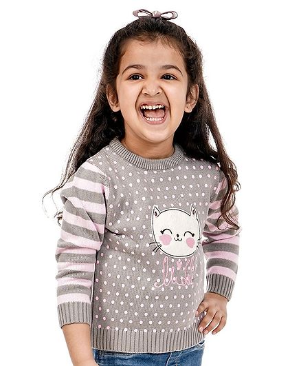 Babyoye Full Sleeves Sweater Kitty Patch - Grey Pink