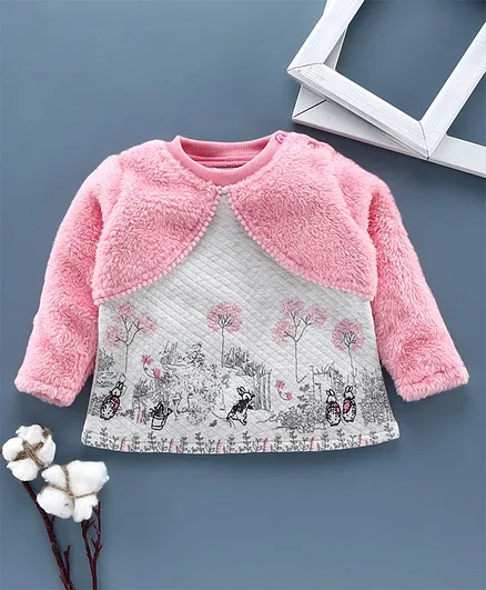 Babyoye Full Sleeves Sweatshirt With Attached Shrug Bunny Print - Grey Pink