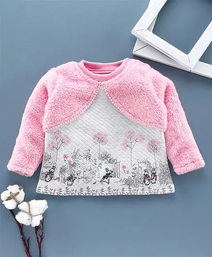 Babyoye Full Sleeves Sweatshirt With Attached Shrug Bunny Print - Grey Pink