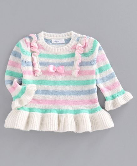 Babyoye Striped Full Sleeves Sweater - White