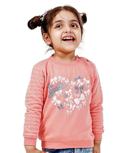Babyoye Brushed Fleece Full Sleeves Sweatshirt Bow Print - Pink