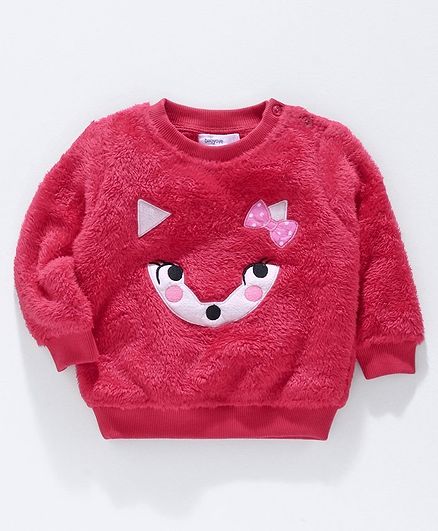 Babyoye Brushed Fleece Full Sleeves Sweatshirt Animal Embroidery - Dark Pink